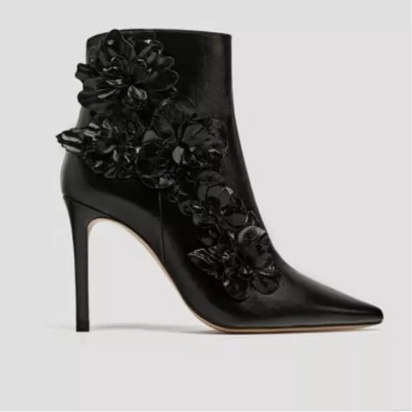 Zara Collection 3D Floral Ankle Boots Black Leather High Heel Stiletto Glam Sz 5 - Picture 12 of 13